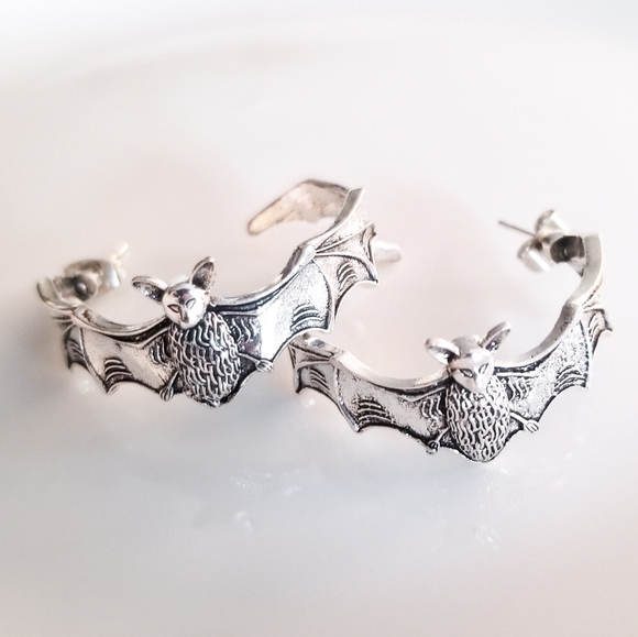 NEW Dolls Kill Silver Bats Gothic Vampire Witchy Style Hoop Earrings - Picture 9 of 15